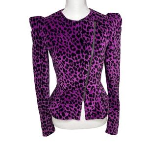 Betsy Johnson Velveteen Puff Sleeve Peplum Jacket Leopard Purple Size US 2